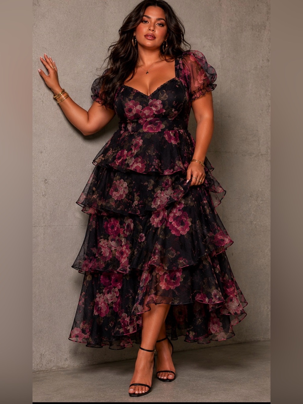 Lulu's Navy Midi Dress with Pink Floral Print